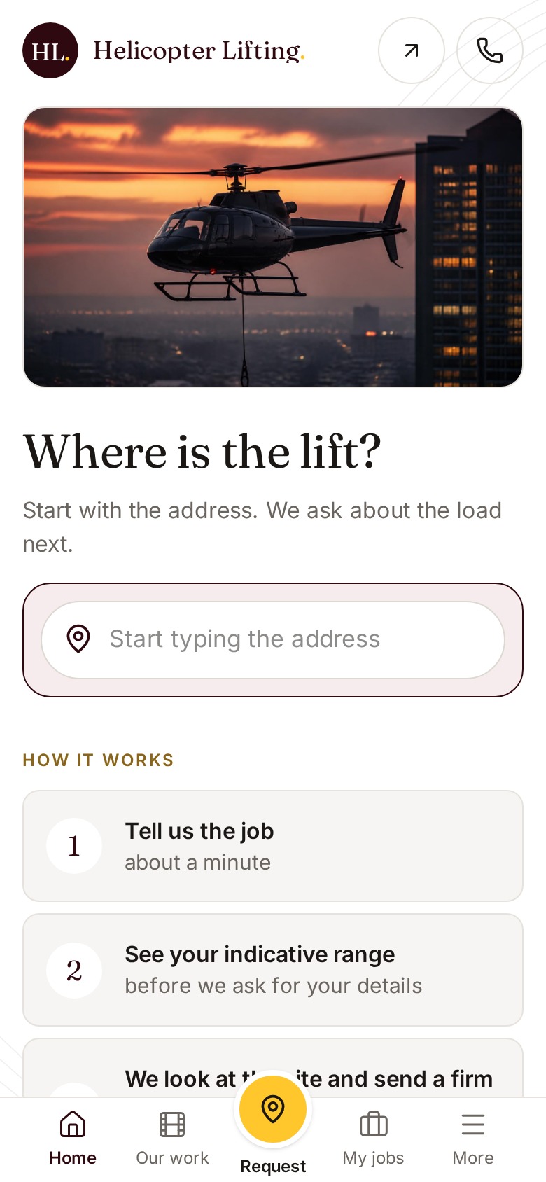 The latest Helicopter Lifting app opening page, with the Where is the lift address field