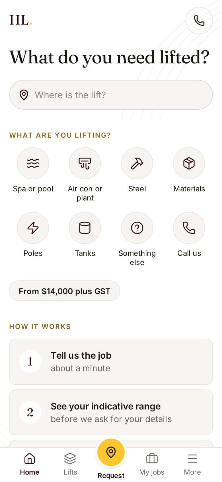 The Helicopter Lifting request app asking what you need lifted